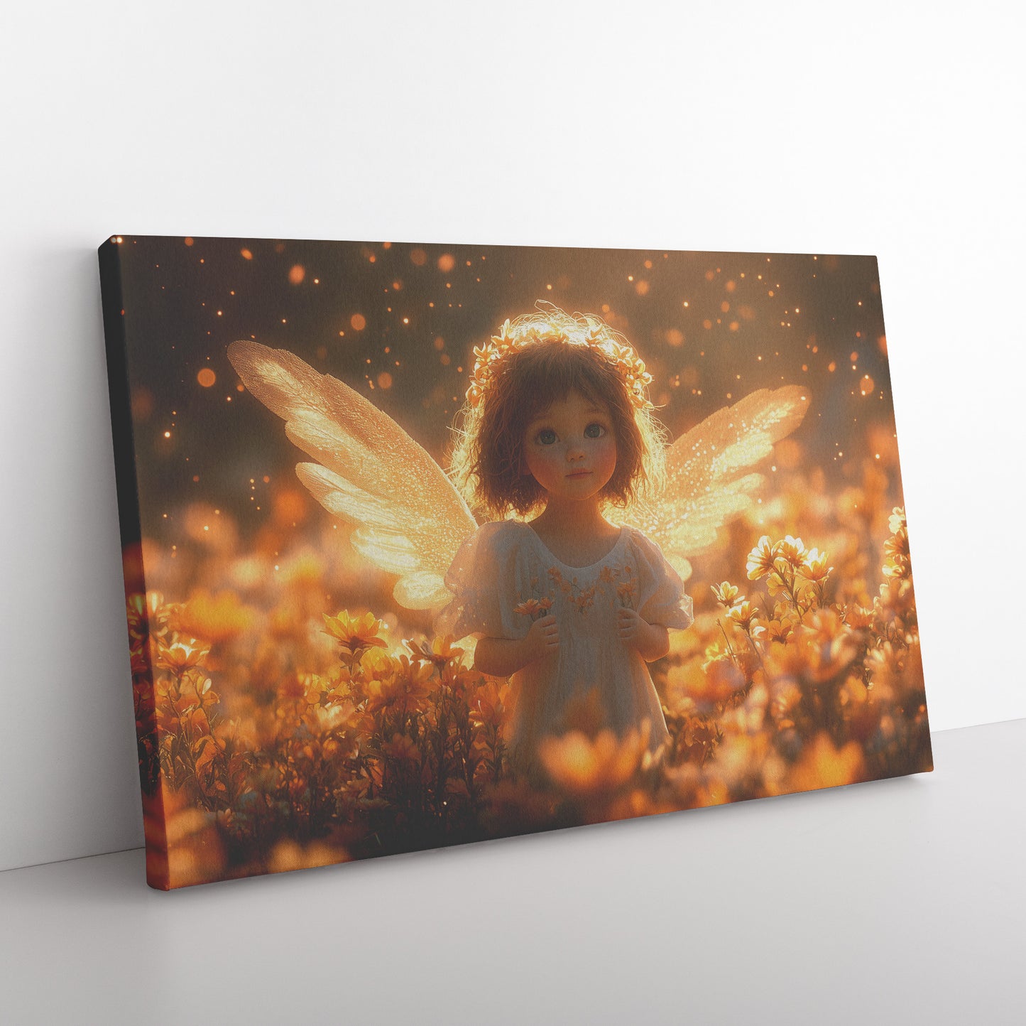 Cute Little Angel with Golden Wings in Flower Field Smiling with Curly Hair White Dress and Warm Yellow Light Heavenly Peace and Serenity  Christian Canvas Ar - Awakening Righteousness