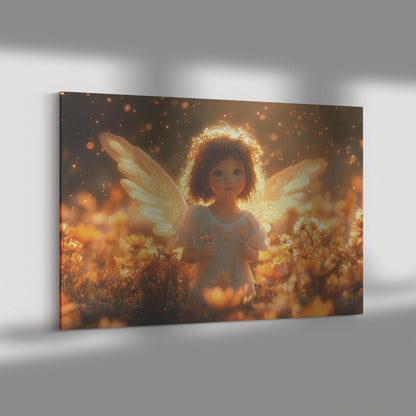 Cute Little Angel with Golden Wings in Flower Field Smiling with Curly Hair White Dress and Warm Yellow Light Heavenly Peace and Serenity  Christian Canvas Ar - Awakening Righteousness