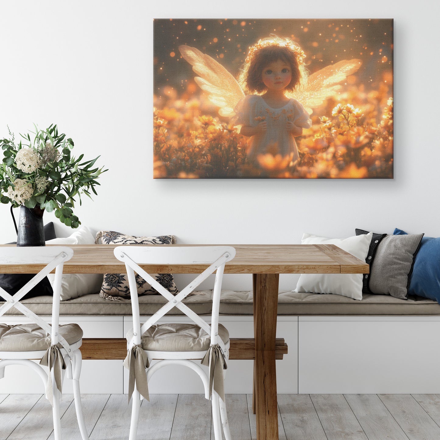 Cute Little Angel with Golden Wings in Flower Field Smiling with Curly Hair White Dress and Warm Yellow Light Heavenly Peace and Serenity  Christian Canvas Ar - Awakening Righteousness