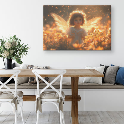 Cute Little Angel with Golden Wings in Flower Field Smiling with Curly Hair White Dress and Warm Yellow Light Heavenly Peace and Serenity  Christian Canvas Ar - Awakening Righteousness
