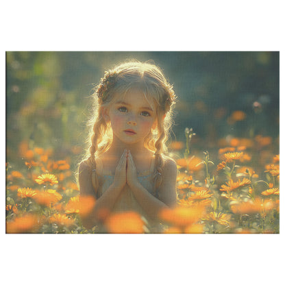 Cute Little Girl Praying for Divine Protection  Christian Canvas Art of a Blonde Girl in an Adorable Dress Surrounded Orange Flowers - Awakening Righteousness