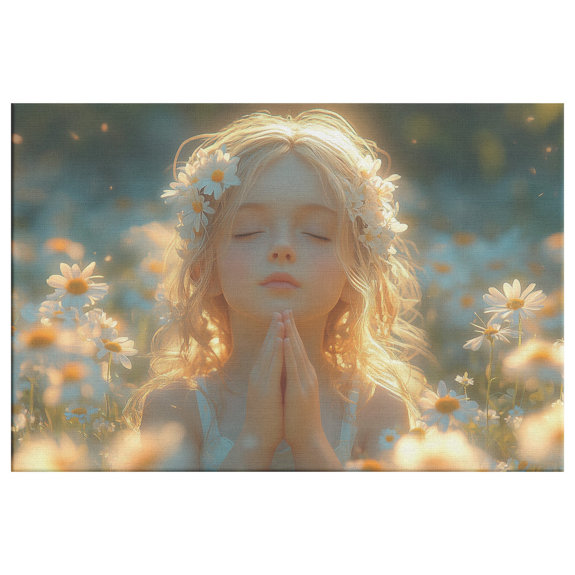 Cute Little Girl with Blonde Hair Praying in a Field of Daisies Bathed in Golden Hour Light  Serene Christian Canvas Art for Peaceful and Uplifting Home Decor - Awakening Righteousness