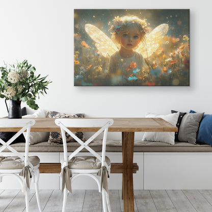 Cute Little Girl with Fairy Wings Surrounded Wildflowers in a Magical Dreamy Garden  Whimsical Canvas Wall Art for Home Nursery or Living Room Decor - Awakening Righteousness