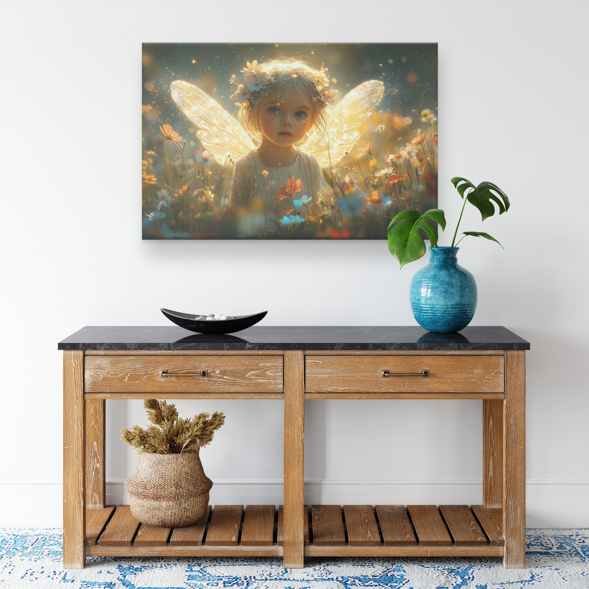Cute Little Girl with Fairy Wings Surrounded Wildflowers in a Magical Dreamy Garden  Whimsical Canvas Wall Art for Home Nursery or Living Room Decor - Awakening Righteousness