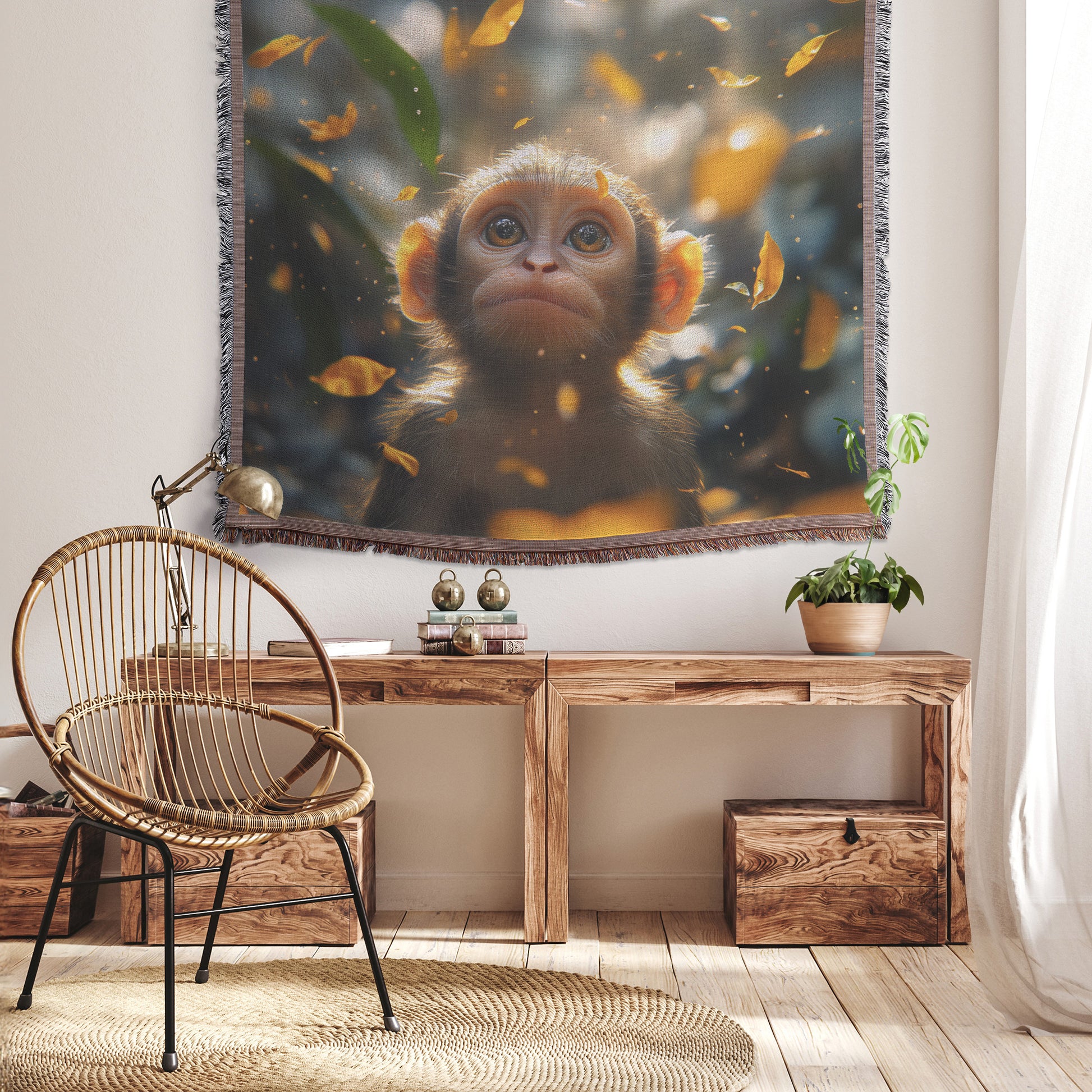 Cute Little Monkey Surrounded Falling Autumn Leaves and Soft Golden Light Woven Throw Blanket  Heartwarming Peaceful Optimistic Decor for Home or Nursery - Awakening Righteousness