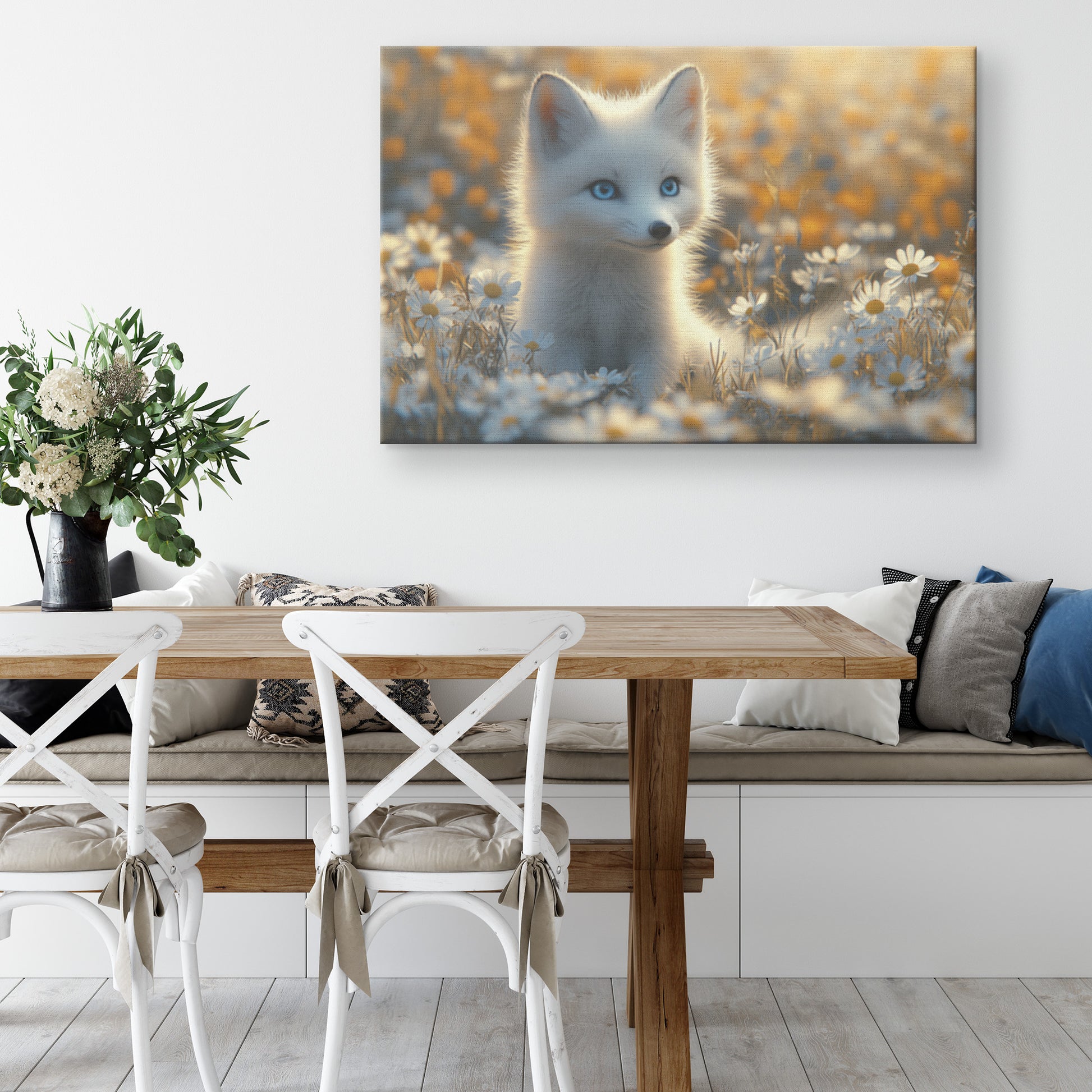 Cute White Fox Cub with Blue Eyes in Field of Daisies During Golden Hour Canvas Art - Awakening Righteousness