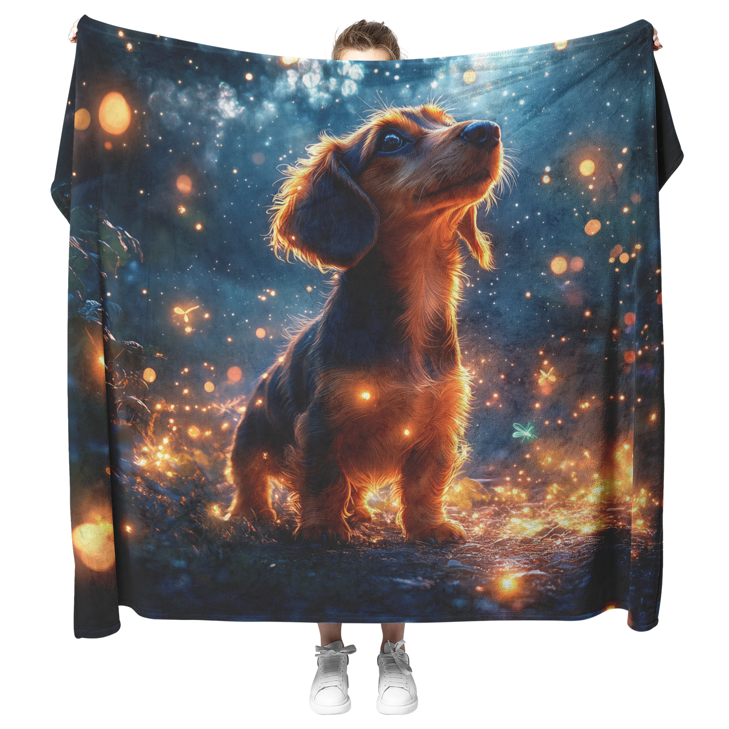 Dachshund_on_Forest_Path_with_Fireflies__H_Blanket_Model_Mockup.png