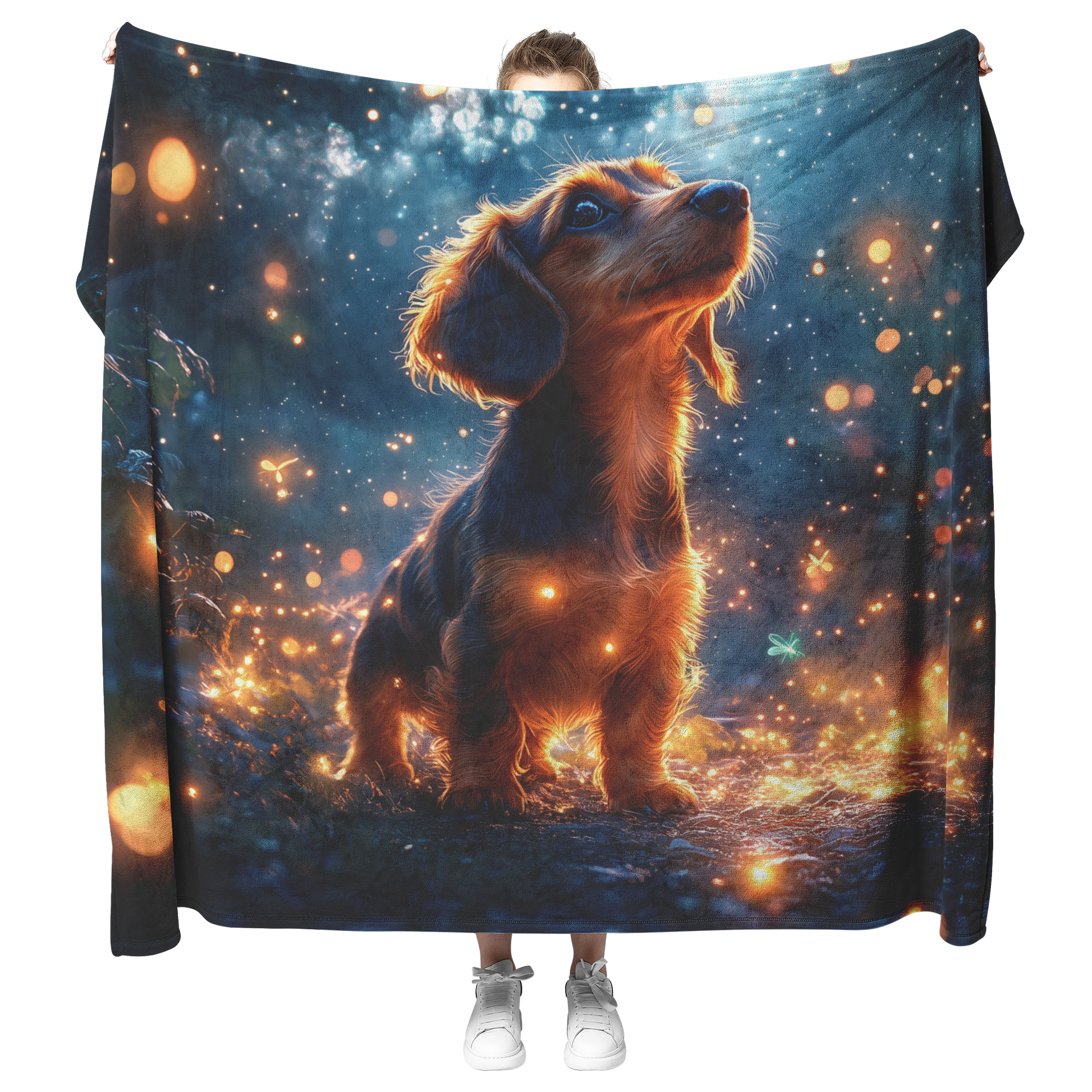 Dachshund_on_Forest_Path_with_Fireflies__H_Blanket_Model_Mockup.png