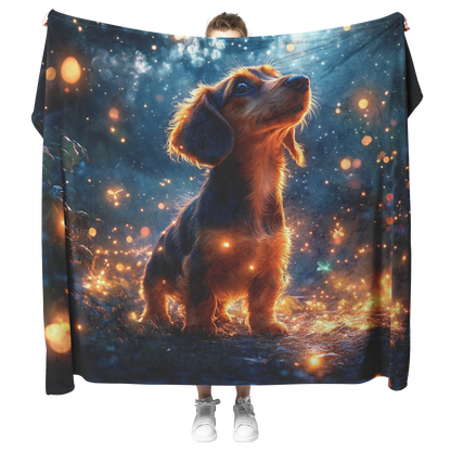 Dachshund_on_Forest_Path_with_Fireflies__H_Blanket_Model_Mockup.png