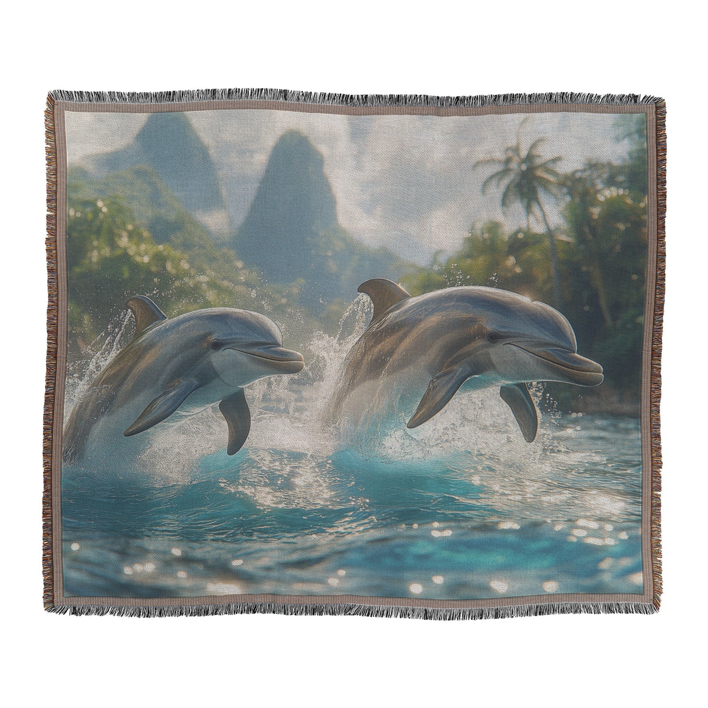 Dolphins Leaping in Sunlit Lagoon  Stunning Tropical Wildlife Art with Lush Greenery and Majestic Mountains  Woven Throw Blanket for Home or Office Decor - Awakening Righteousness