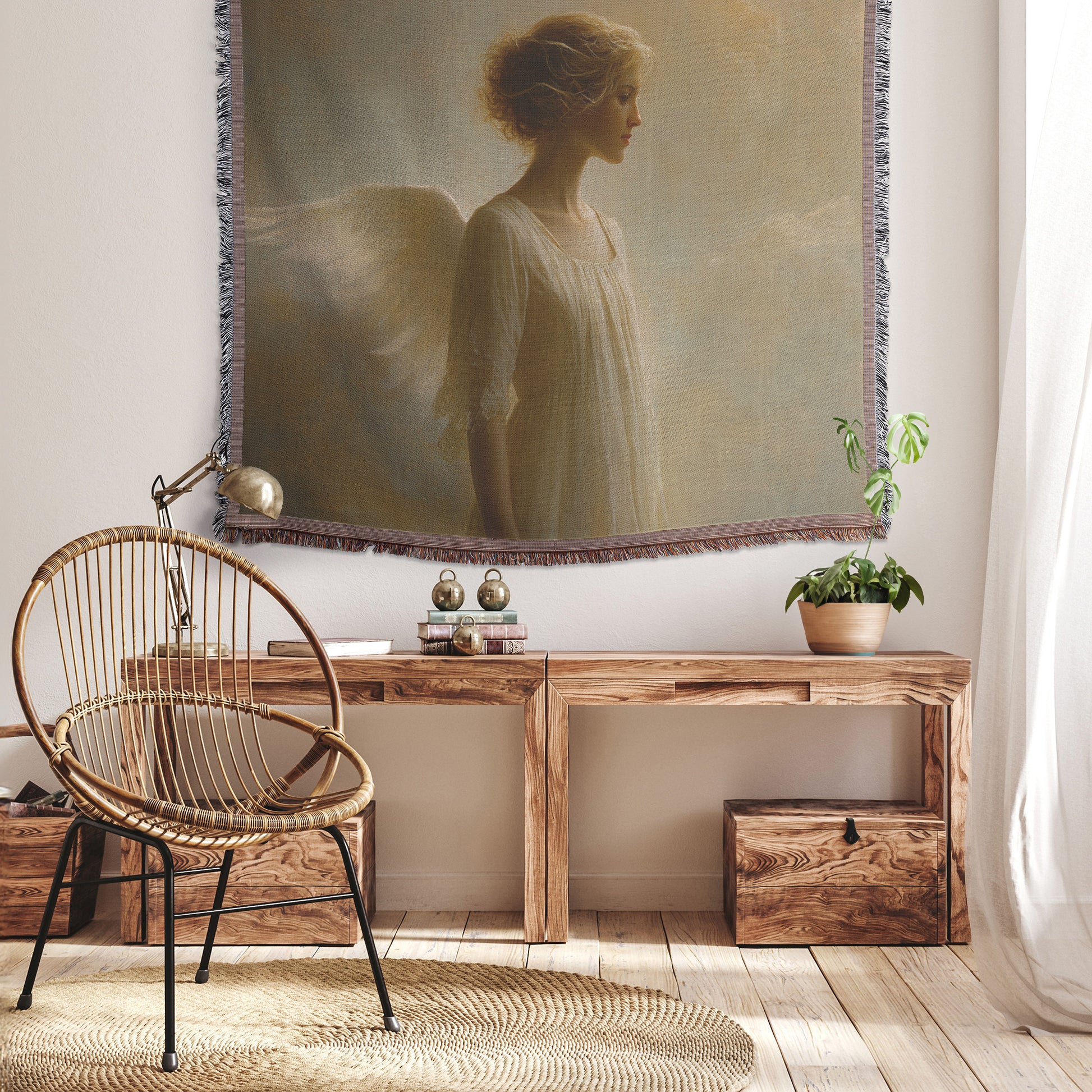 Ethereal Angel with Soft Wings Gazing Peacefully Into the Distance  Divine Grace Christian Woven Throw Blanket for Spiritual Reflection Tranquility and Heavenly Serenity - Awakening Righteousness