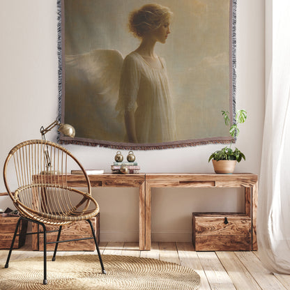Ethereal Angel with Soft Wings Gazing Peacefully Into the Distance  Divine Grace Christian Woven Throw Blanket for Spiritual Reflection Tranquility and Heavenly Serenity - Awakening Righteousness