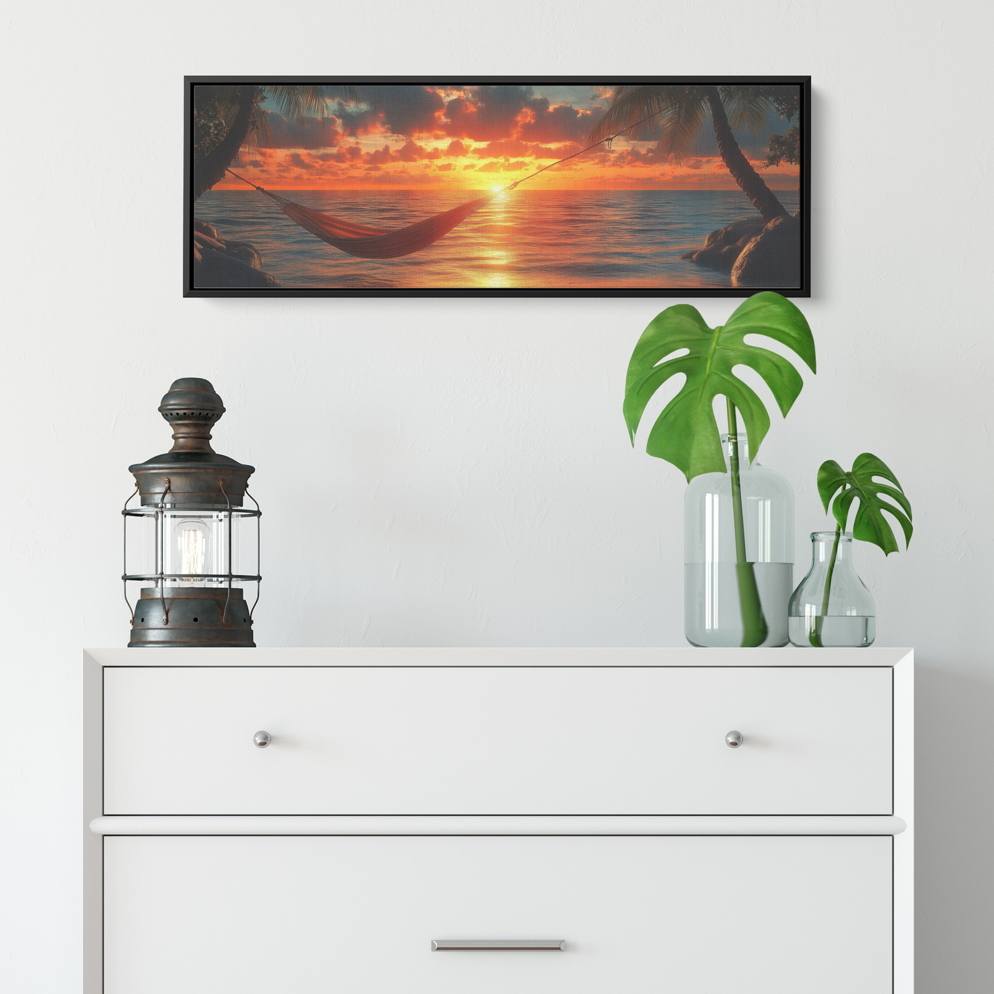Exotic_Beach_Sunset_Hammock_Between_Palm_Framed_Canvas_H_Panoramic_Small_Lifesty_Mockup.png
