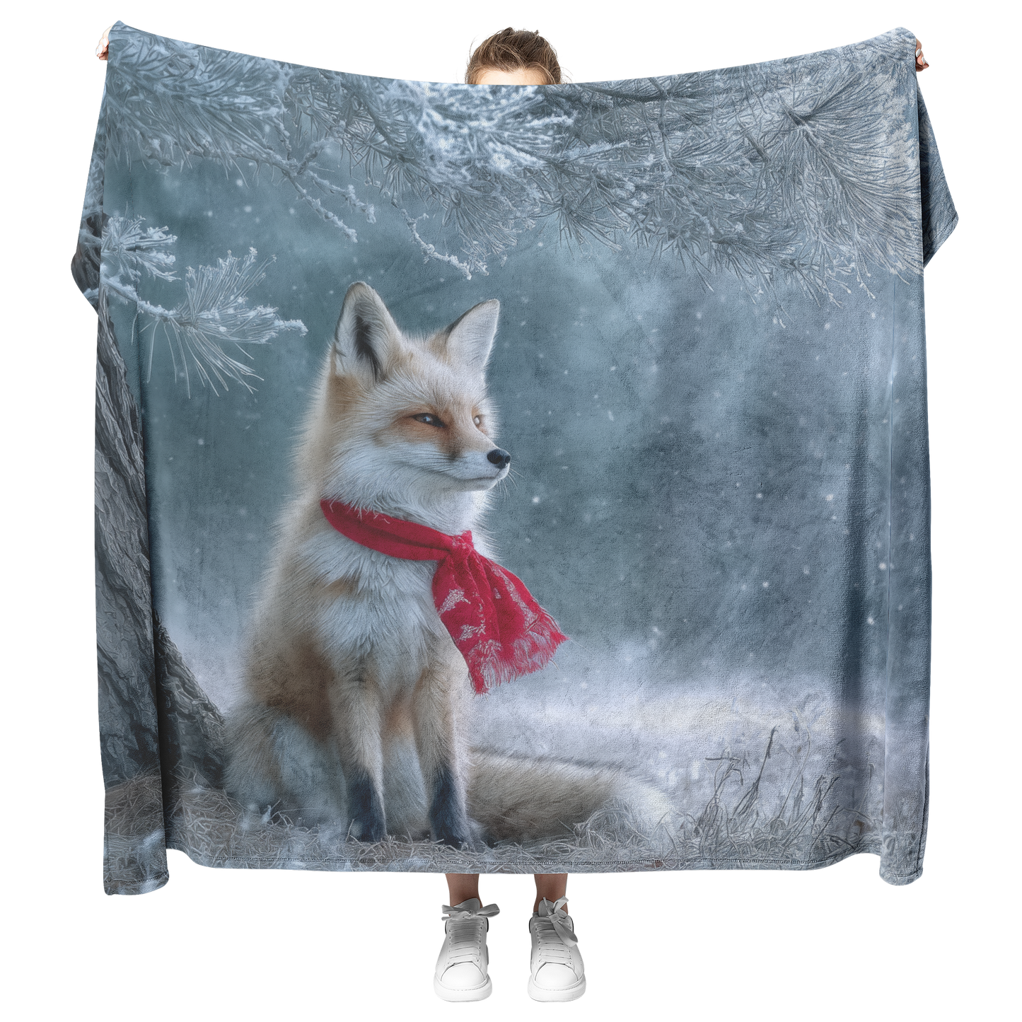 Fox_With_Red_Scarf_Sitting_Beside_Froste_H_Blanket_Model_Mockup.png