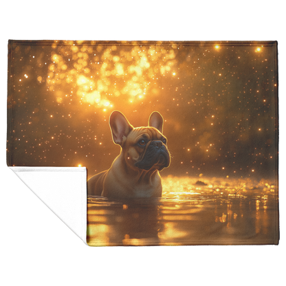 French_Bulldog_by_Glowing_Pond_with_Gold_H_Blanket_Flat_Fold_Mockup.png