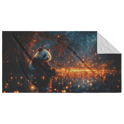 Giant Panda Sitting Near a Bioluminescent Pond Surrounded by Glowing Plants Under a Starry Night Sky Surreal Beach Towel - Awakening Righteousness