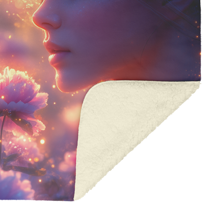 Girl_in_Garden_of_Glowing_Purple_Peonies_H_Blanket_Sherpa_Mockup.png