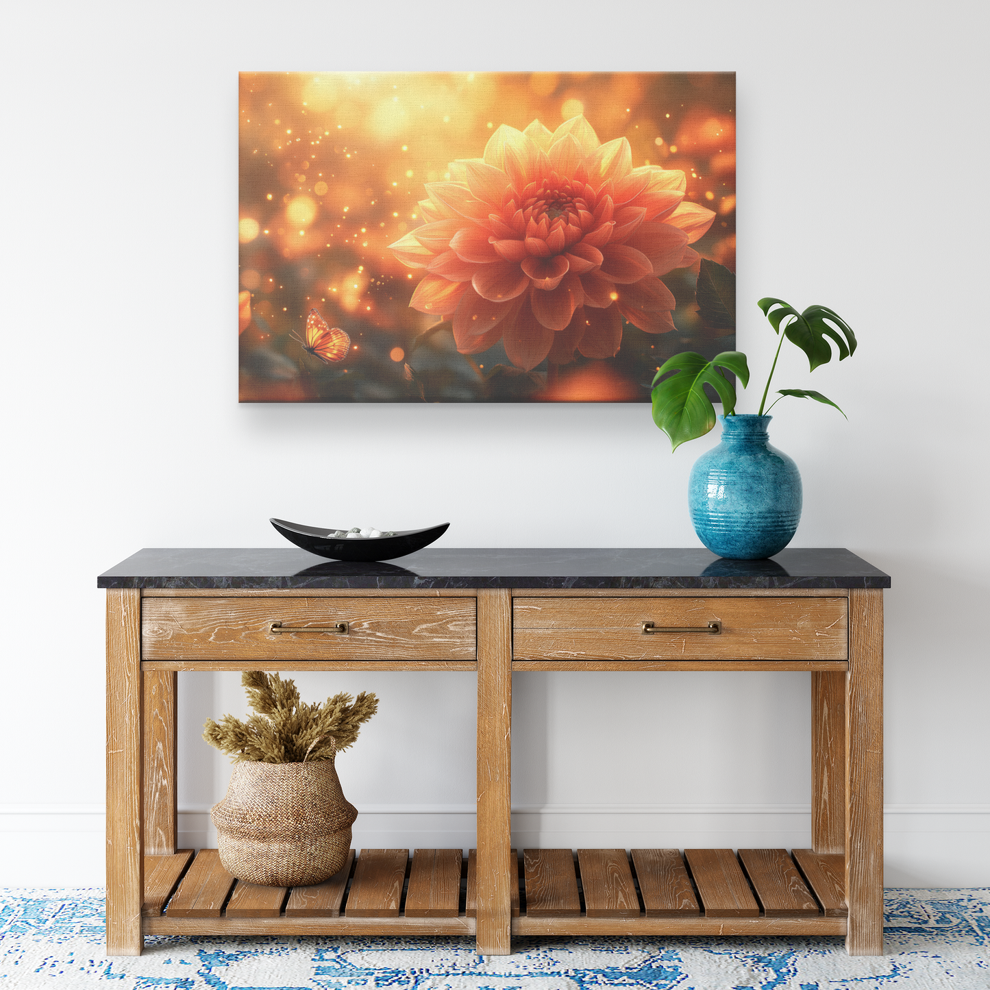 Glowing_Orange_Dahlia_Surrounded_by_Gold_H_Rectangle_Smaller_Lifestyle_Mockup.png