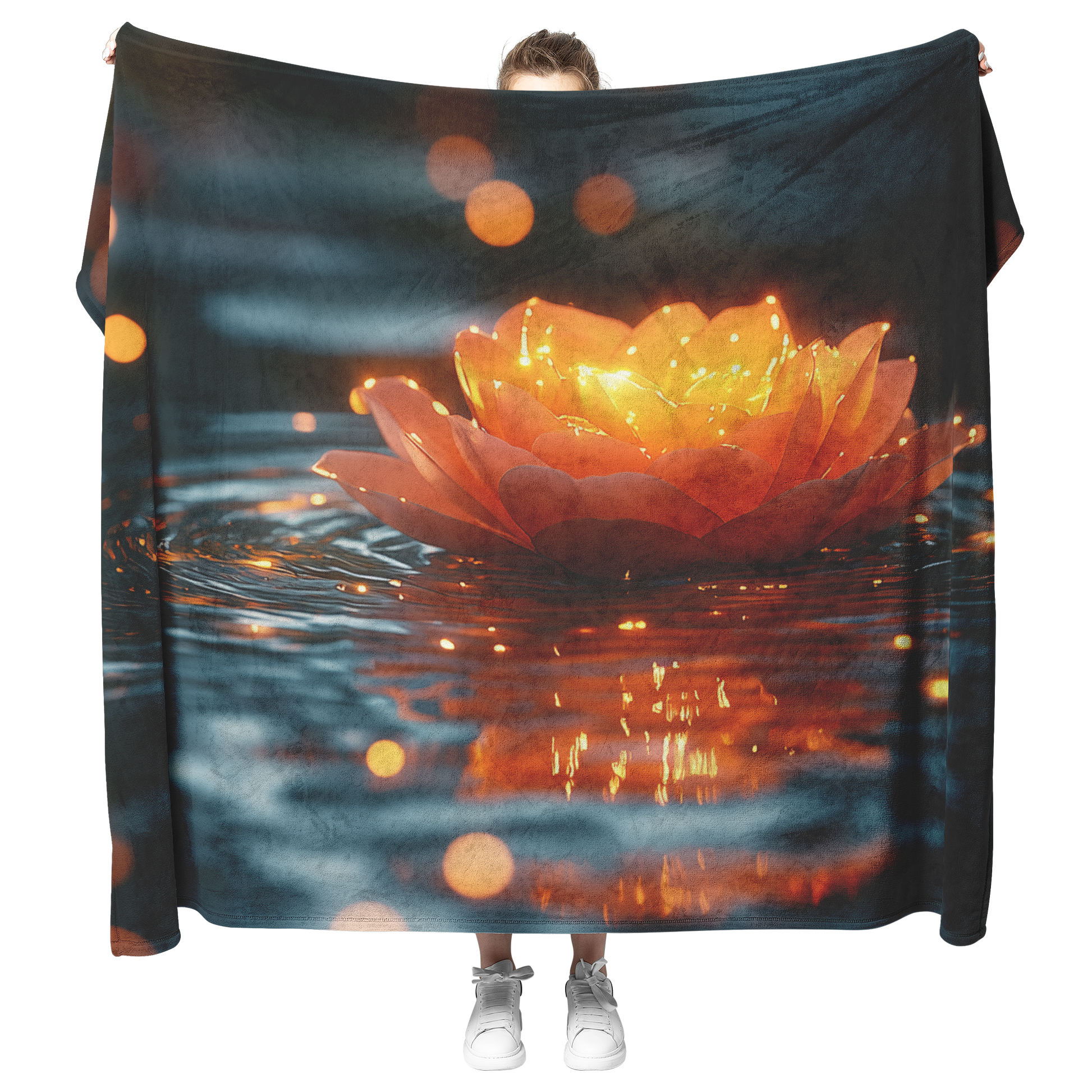 Glowing_Rose_Petal_Floating_on_Clear_Pon_H_Blanket_Model_Mockup.png