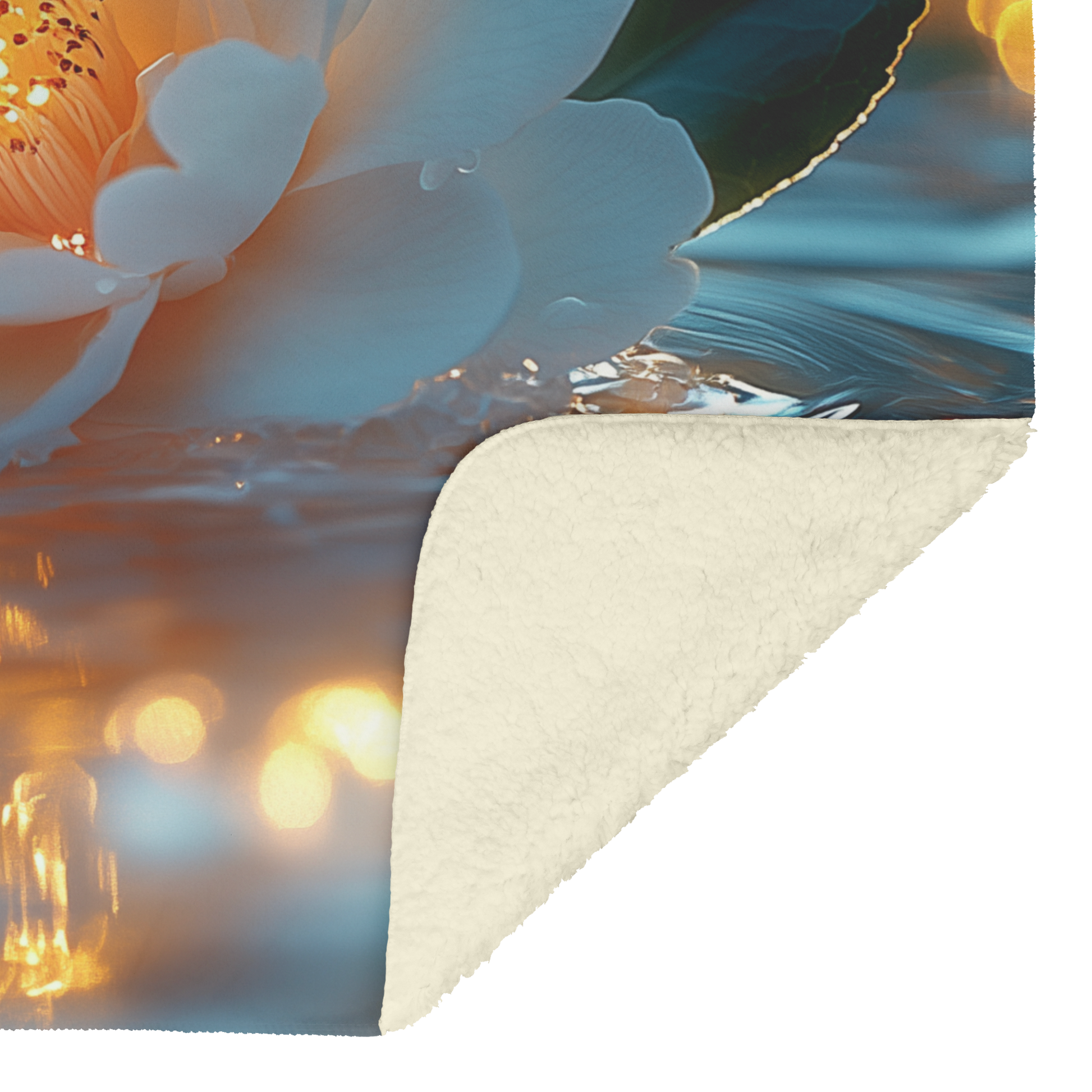 Glowing_White_Camellia_on_Pond_with_Gold_H_Blanket_Sherpa_Mockup.png