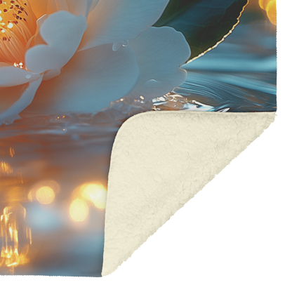 Glowing_White_Camellia_on_Pond_with_Gold_H_Blanket_Sherpa_Mockup.png
