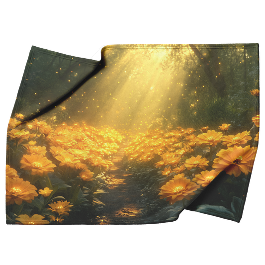 Glowing_Yellow_Zinnias_by_Forest_Path_wi_H_Blanket_Top_Bottom_Folds_Mockup.png