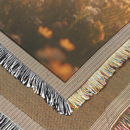 Golden-Winged Angel Standing Gracefully in a Field of Radiant Flowers  A Heavenly Vision of Faith and Tranquility Christian Woven Throw Blanket - Awakening Righteousness