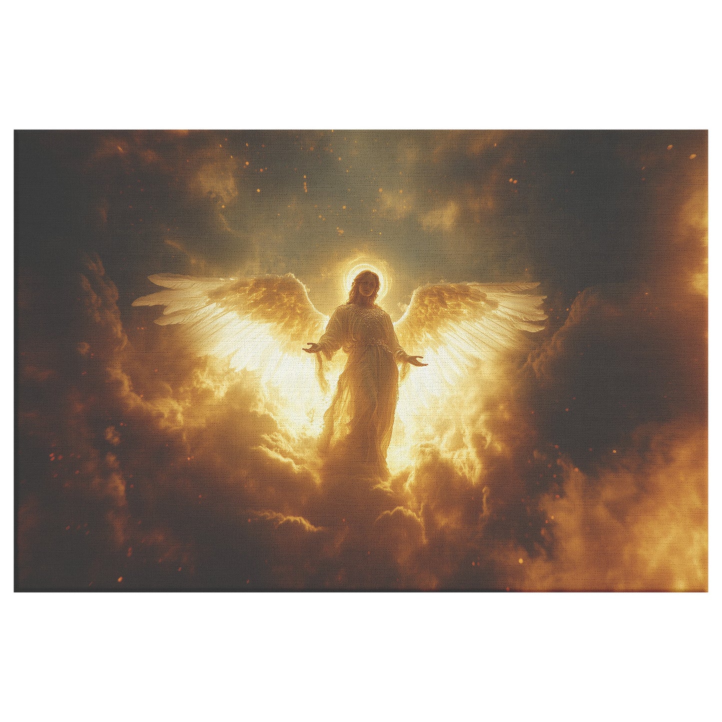 Golden Angel Standing in the Clouds Surrounded Dark Smoke and Firelight  Mystical and Solemn Christian Canvas Art for Home or Spiritual Decor - Awakening Righteousness