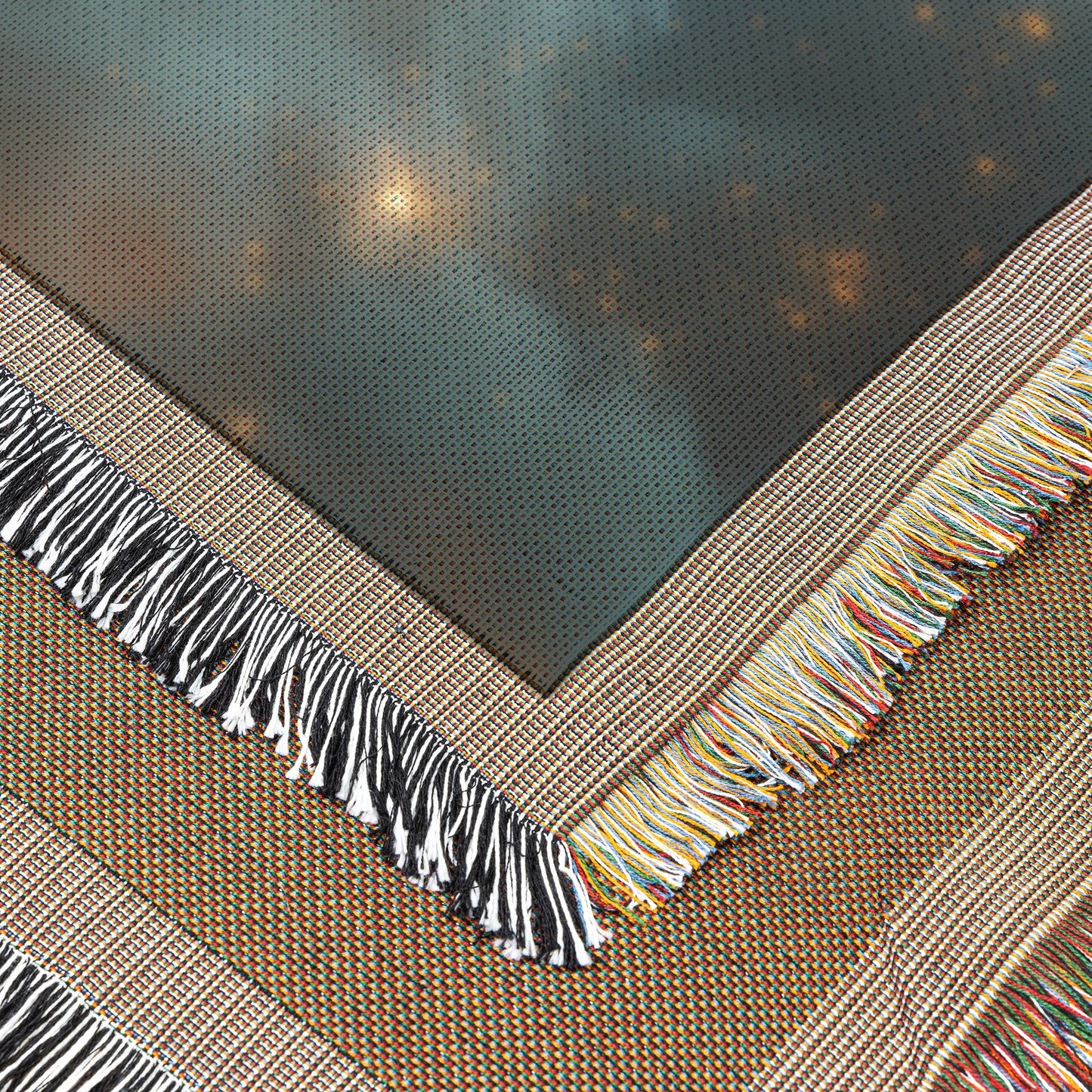 Golden Angel with Glowing Sword Soaring Through Heavenly Light and Dark Clouds  Christian Woven Throw Blanket for Divine Strength and Protection - Awakening Righteousness