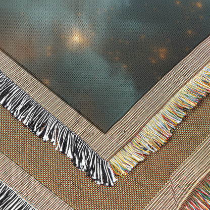 Golden Angel with Glowing Sword Soaring Through Heavenly Light and Dark Clouds  Christian Woven Throw Blanket for Divine Strength and Protection - Awakening Righteousness