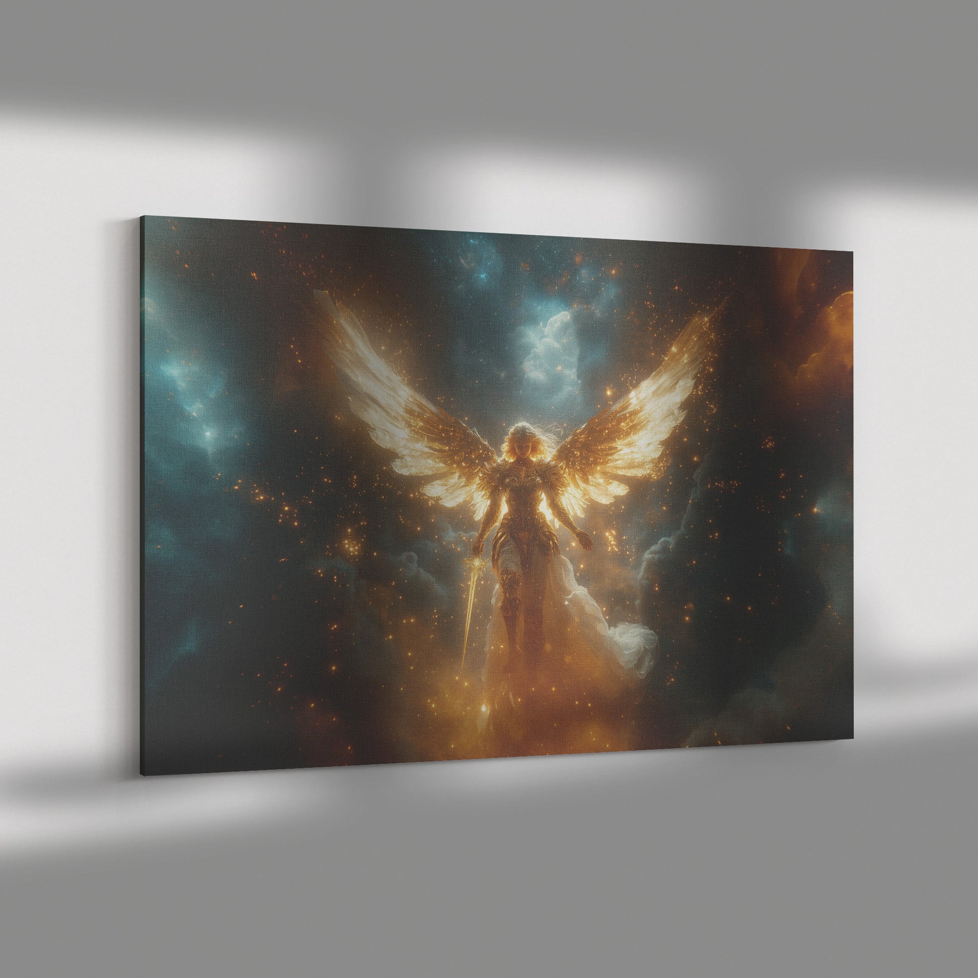 Golden Angelic Woman with Large Wings and Sword Glowing Aura in the Heavenly Sky  Divine Christian Canvas Art of Strength and Light Surrounded Golden Stars and Celestial Beauty - Awakening Righteousness