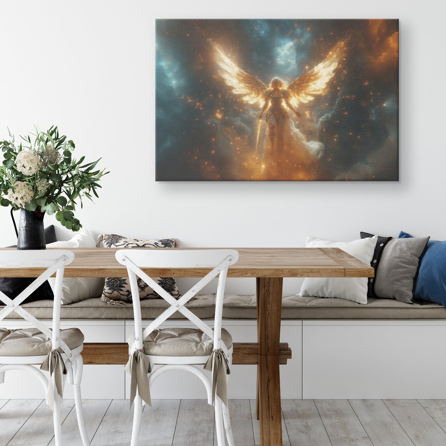Golden Angelic Woman with Large Wings and Sword Glowing Aura in the Heavenly Sky  Divine Christian Canvas Art of Strength and Light Surrounded Golden Stars and Celestial Beauty - Awakening Righteousness