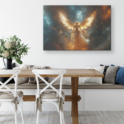 Golden Angelic Woman with Large Wings and Sword Glowing Aura in the Heavenly Sky  Divine Christian Canvas Art of Strength and Light Surrounded Golden Stars and Celestial Beauty - Awakening Righteousness