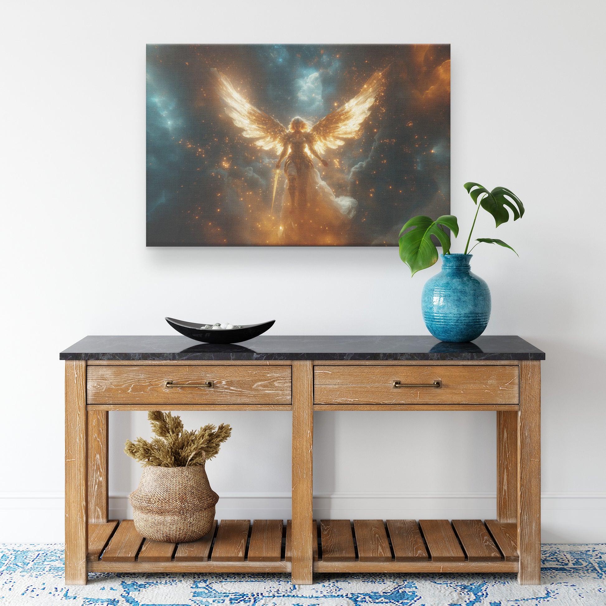 Golden Angelic Woman with Large Wings and Sword Glowing Aura in the Heavenly Sky  Divine Christian Canvas Art of Strength and Light Surrounded Golden Stars and Celestial Beauty - Awakening Righteousness
