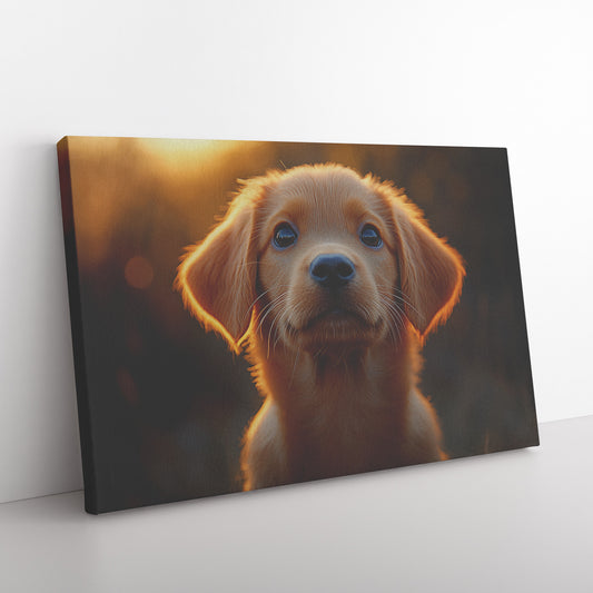 Golden Retriever Puppy with Blue Eyes in Sunset Glow Adorable Canvas Wall Art for Home or Office Decor - Awakening Righteousness