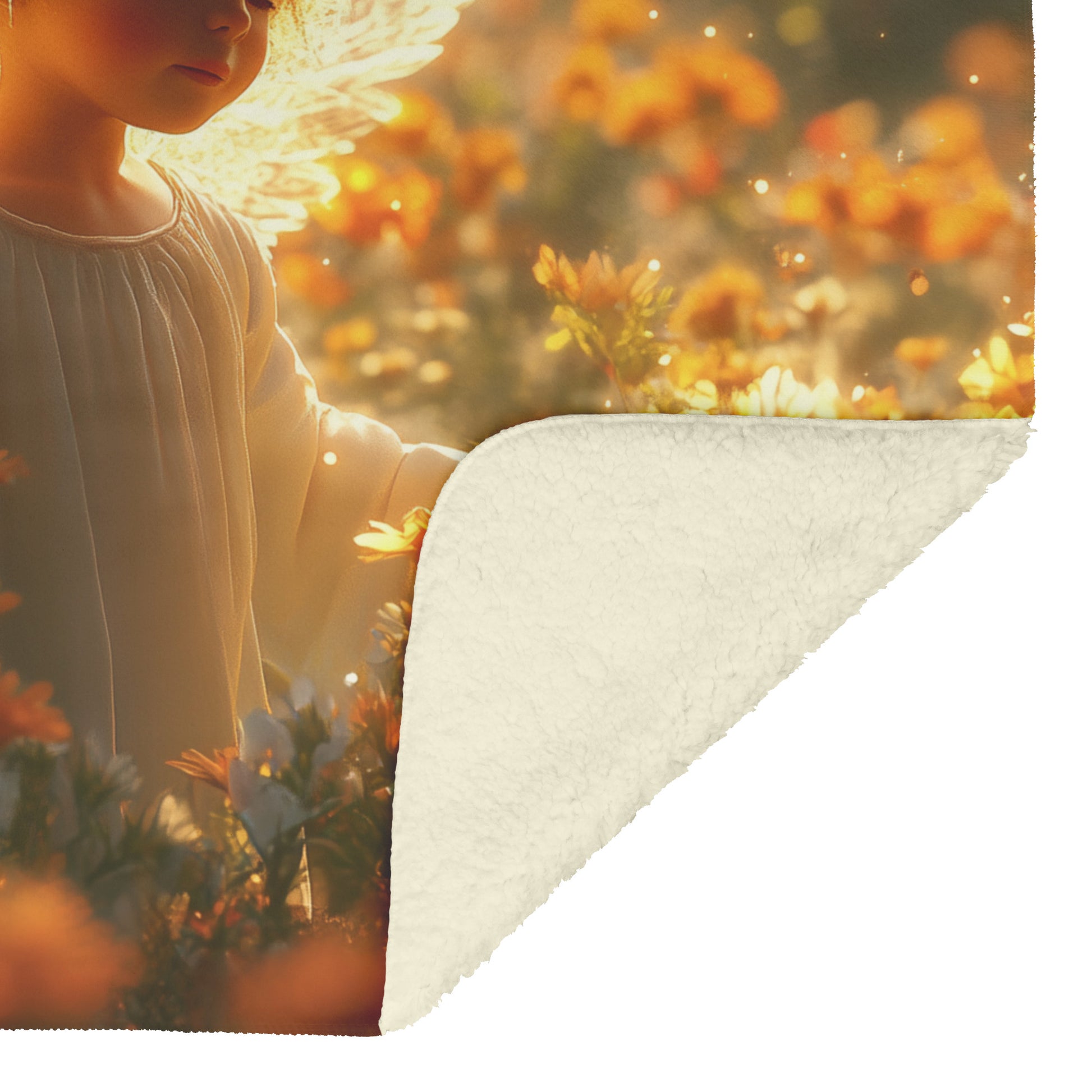 Golden Wings Angel Cozy Christian Fleece Sherpa Blanket Divine Light in a Flower Meadow - Awakening Righteousness