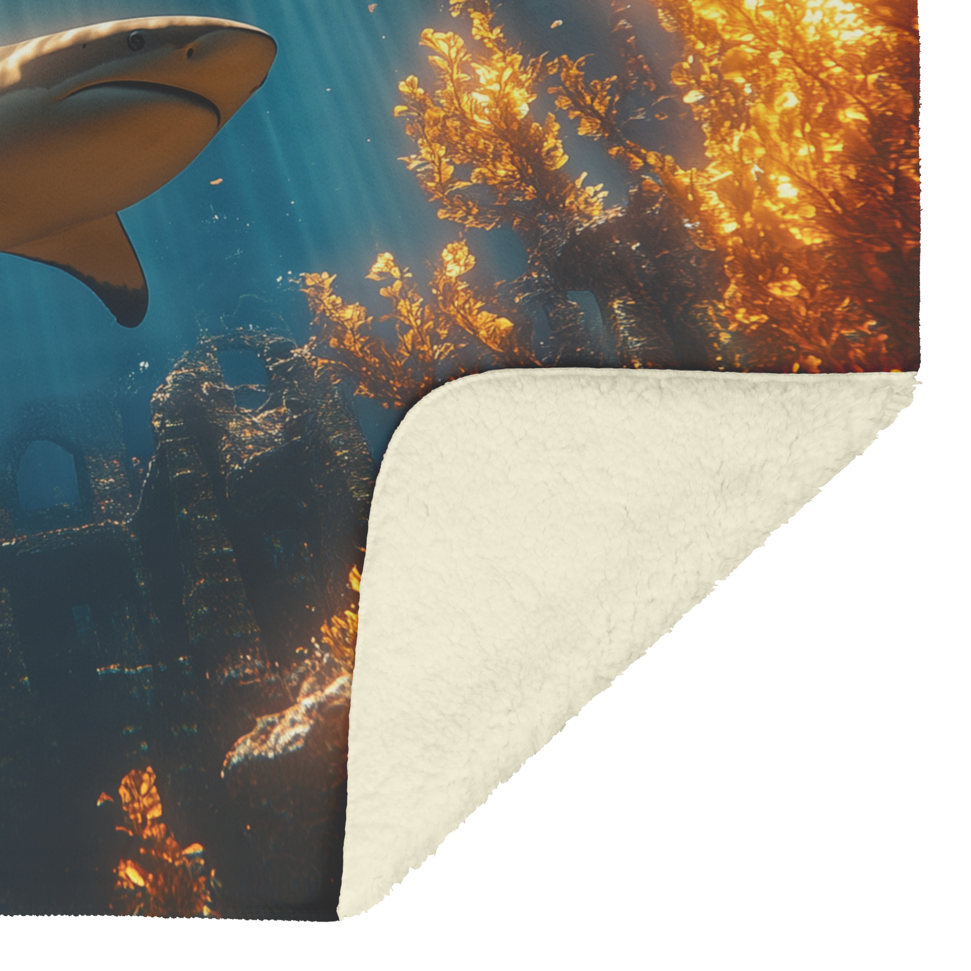 Great_White_Shark_Gliding_Through_Glowin_H_Blanket_Sherpa_Mockup.png