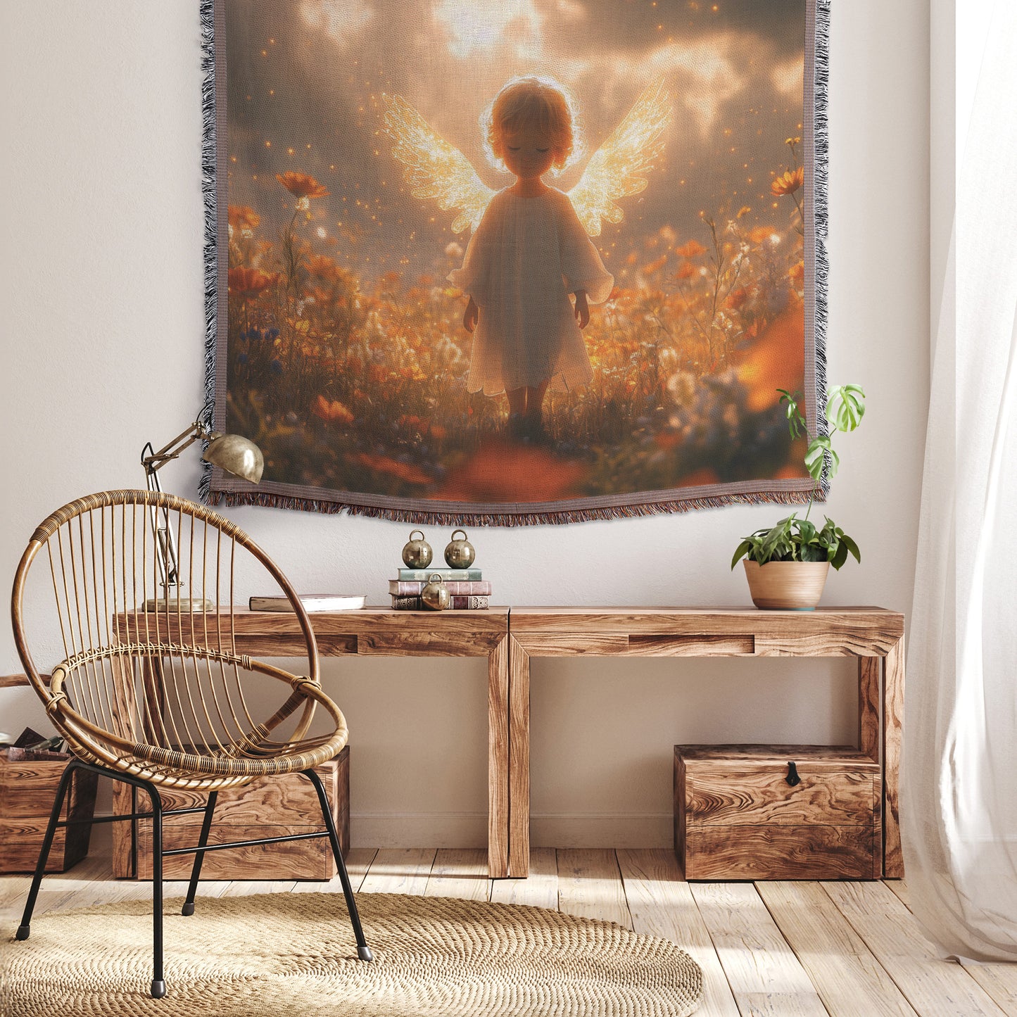 Heavenly Angel in Flower Field with Glowing Wings  Serene Christian Woven Throw Blanket Perfect for Living Room Prayer Spaces Nurseries Divine Light Peace and Inspiration - Awakening Righteousness
