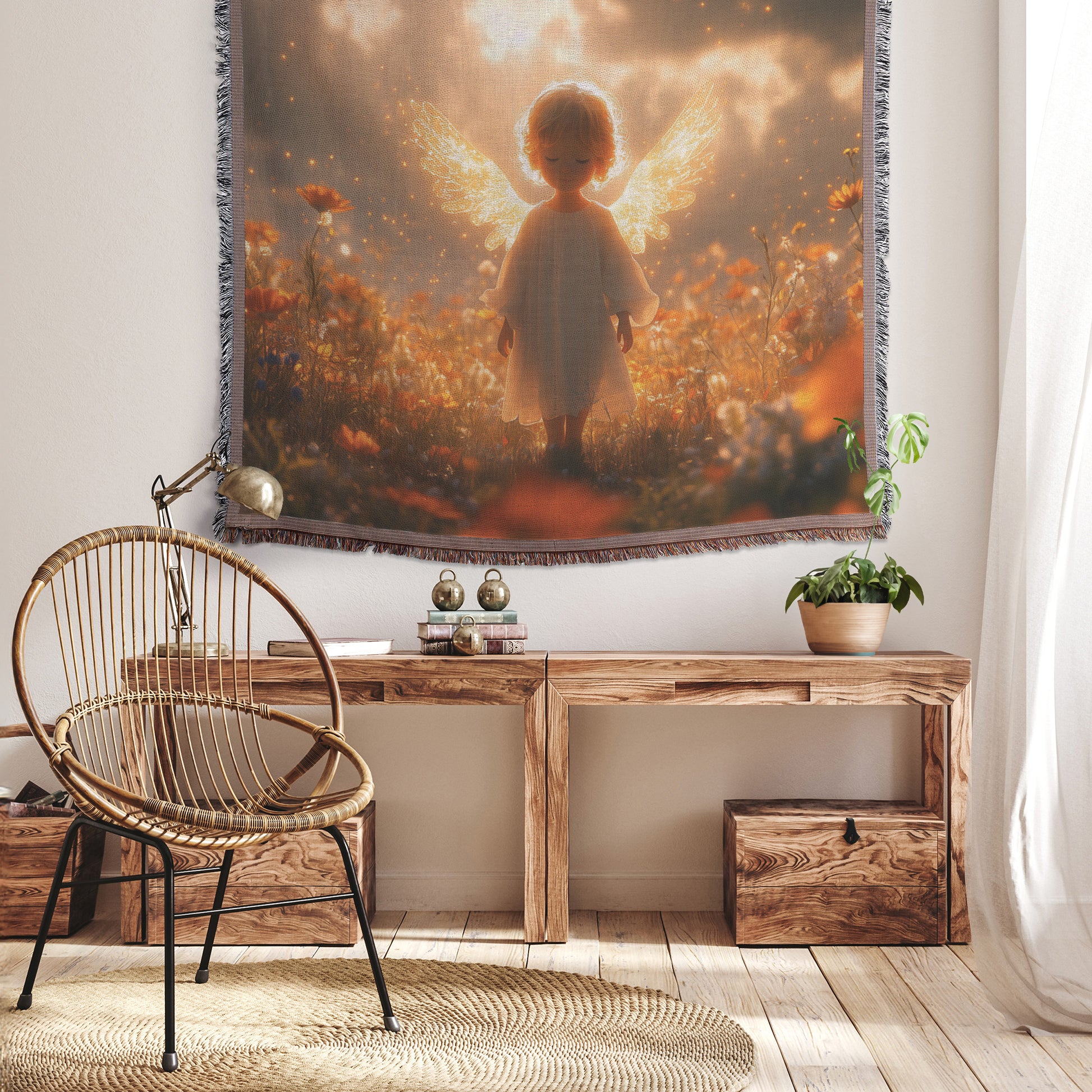 Heavenly Angel in Flower Field with Glowing Wings  Serene Christian Woven Throw Blanket Perfect for Living Room Prayer Spaces Nurseries Divine Light Peace and Inspiration - Awakening Righteousness