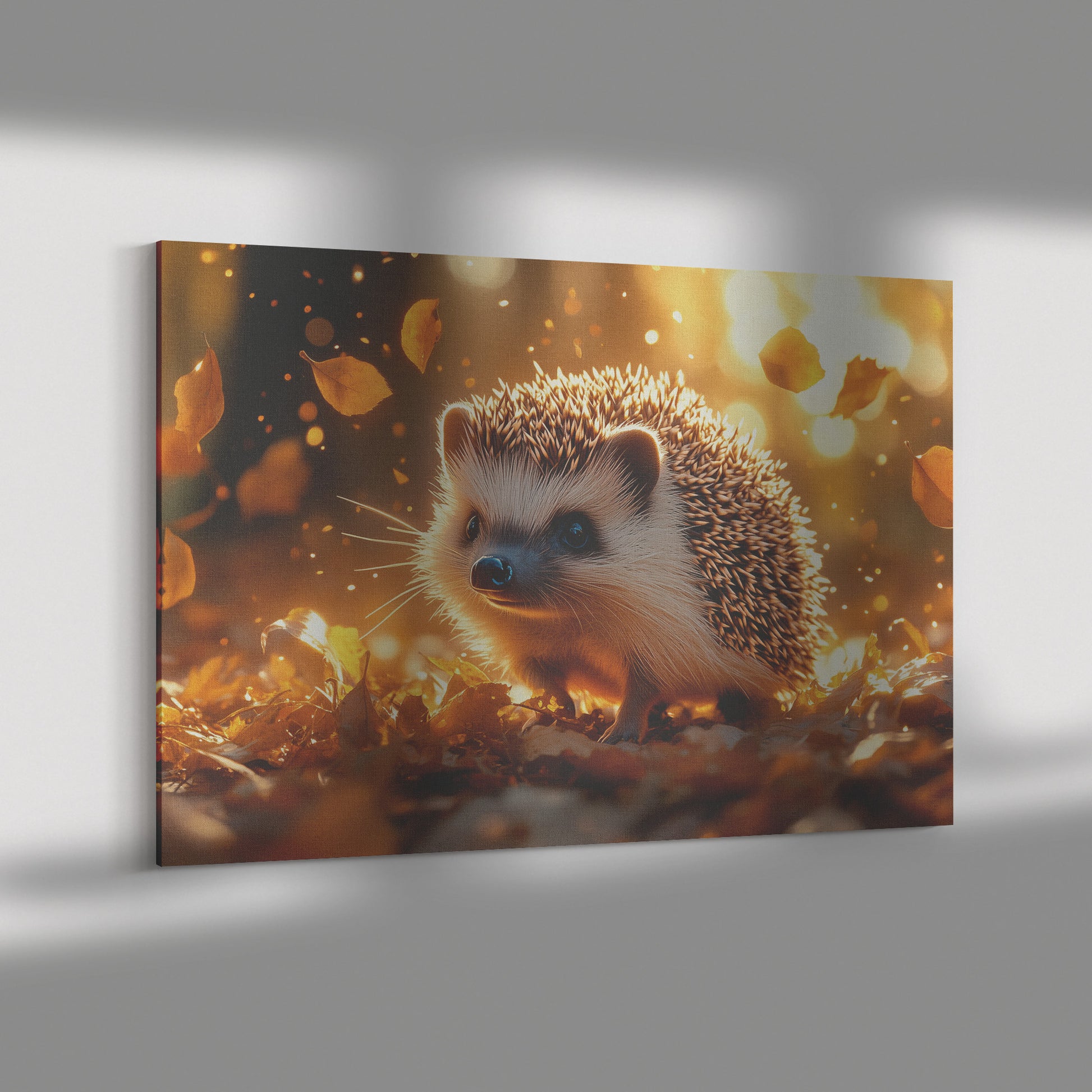 Hedgehog Walking Across Golden Autumn Forest Floor with Glowing Leaves Falling Under Soft Sunlight Canvas Wall Art - Awakening Righteousness
