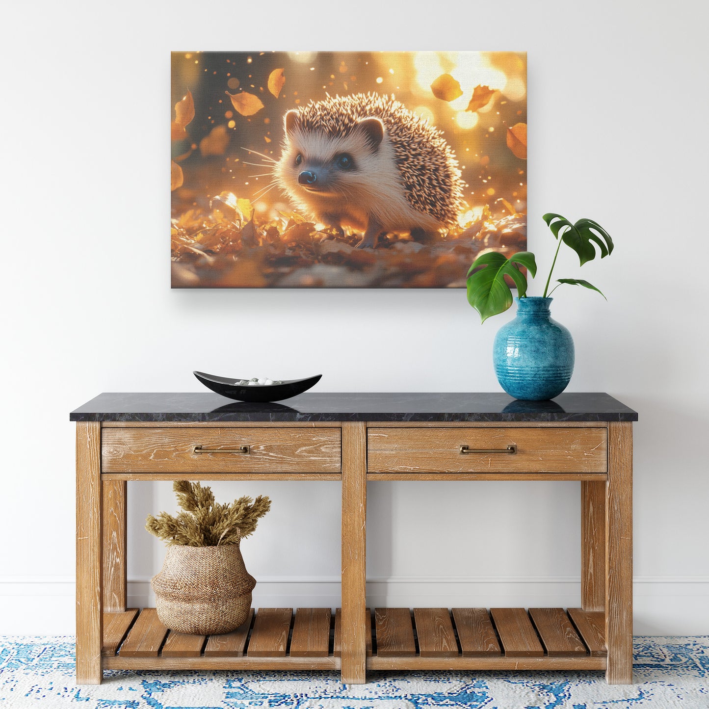 Hedgehog Walking Across Golden Autumn Forest Floor with Glowing Leaves Falling Under Soft Sunlight Canvas Wall Art - Awakening Righteousness