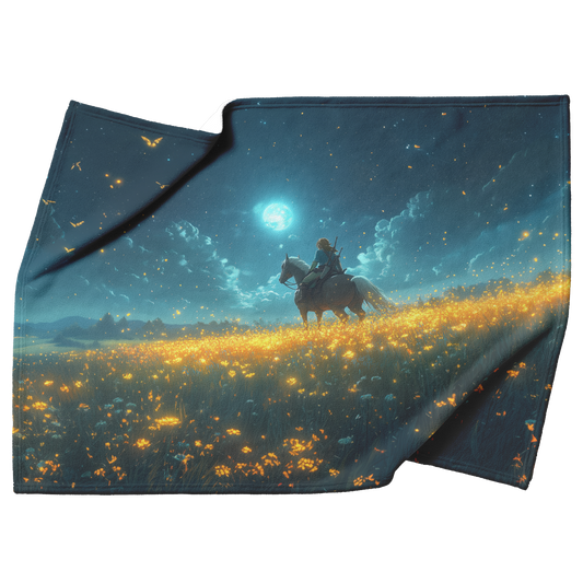 Heroic_Warrior_and_Steed_Galloping_Under_H_Blanket_Top_Bottom_Folds_Mockup.png