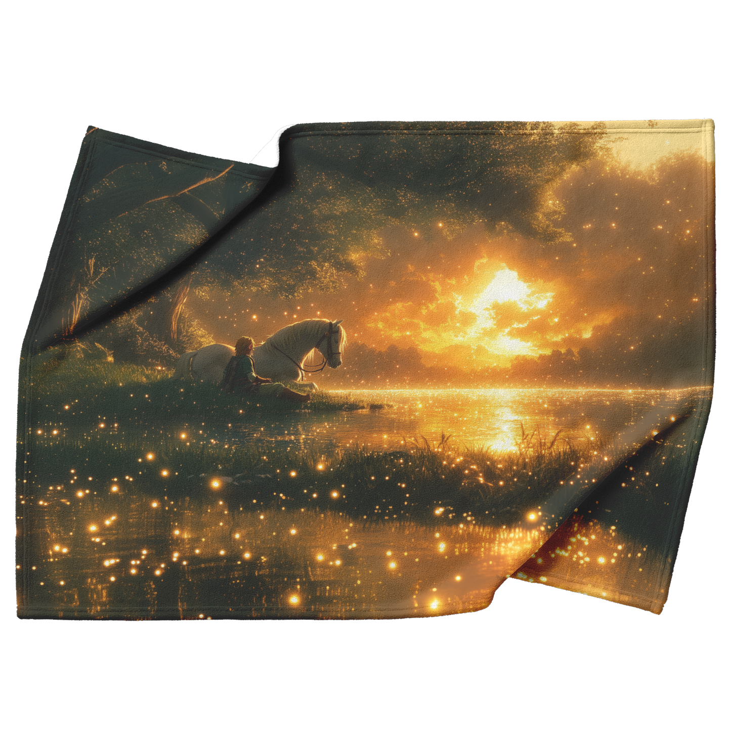 Heroic_Warrior_and_Steed_Silhouetted_Aga_H_Blanket_Top_Bottom_Folds_Mockup.png