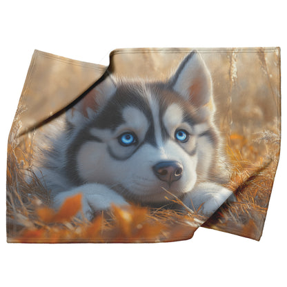 Husky with Blue Eyes Lying in Golden Autumn Grasses Cozy Fleece and Sherpa Blanket - Awakening Righteousness