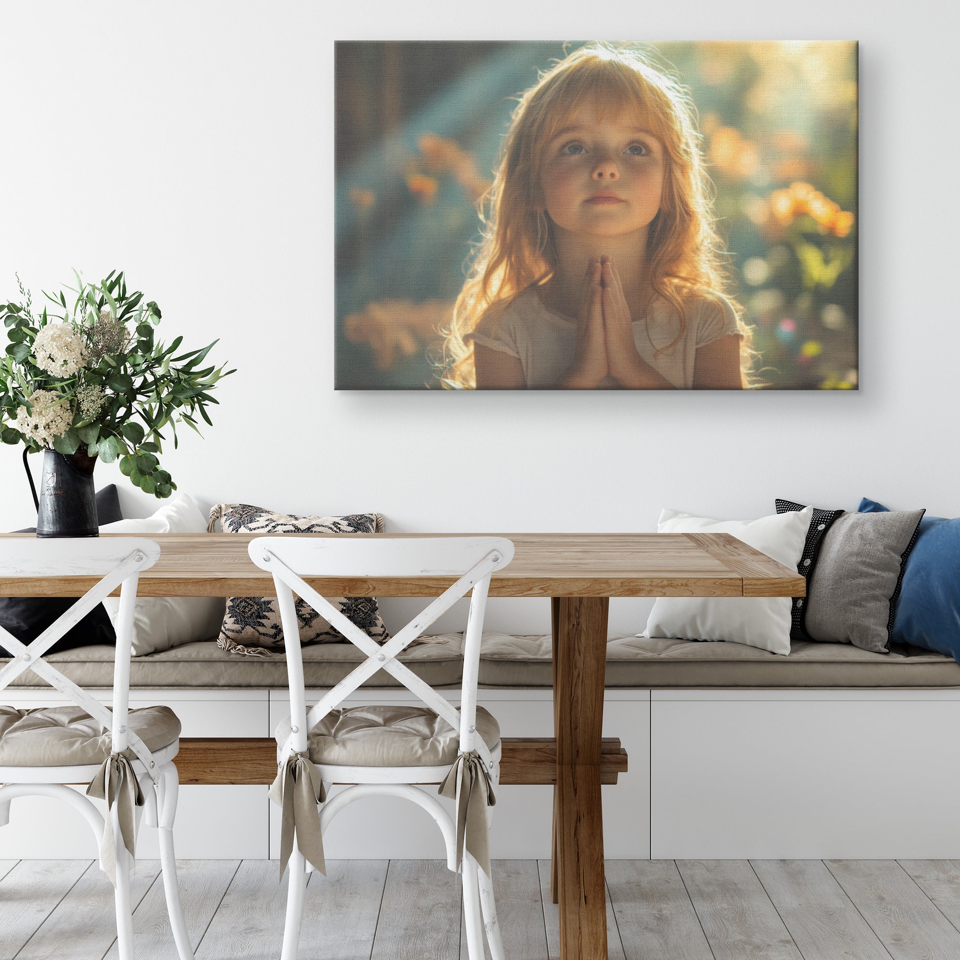 Innocent Little Girl Praying in Divine Light  Christian Canvas Art of a Beautiful Child Seeking Blessings in a Garden Glowing with Heavenly Light and Warmth - Awakening Righteousness