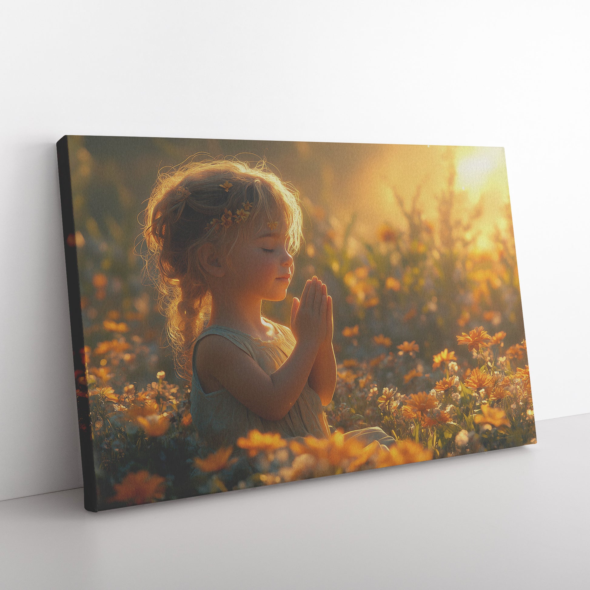 Innocent Little Girl Praying in a Field of Flowers  Christian Canvas Art of a Child in Prayer with Golden Sunlight Illuminating Her Beauty and Faith - Awakening Righteousness