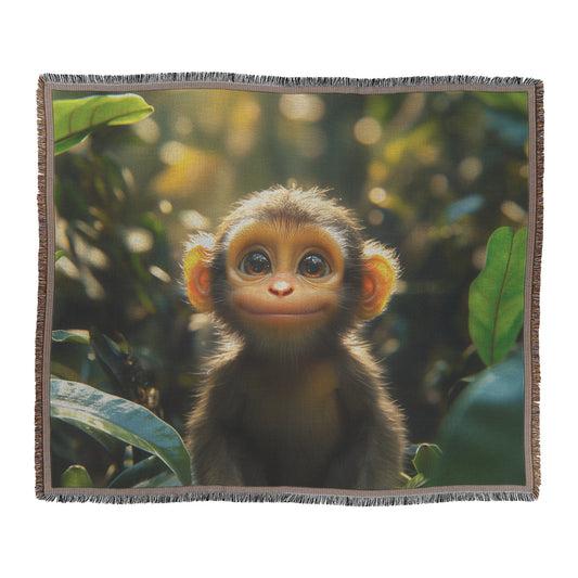 Joyful Baby Monkey in Sunlit Jungle with Vibrant Foliage Woven Throw Blanket Bringing Playful Energy and Natural Beauty to Your Home - Awakening Righteousness