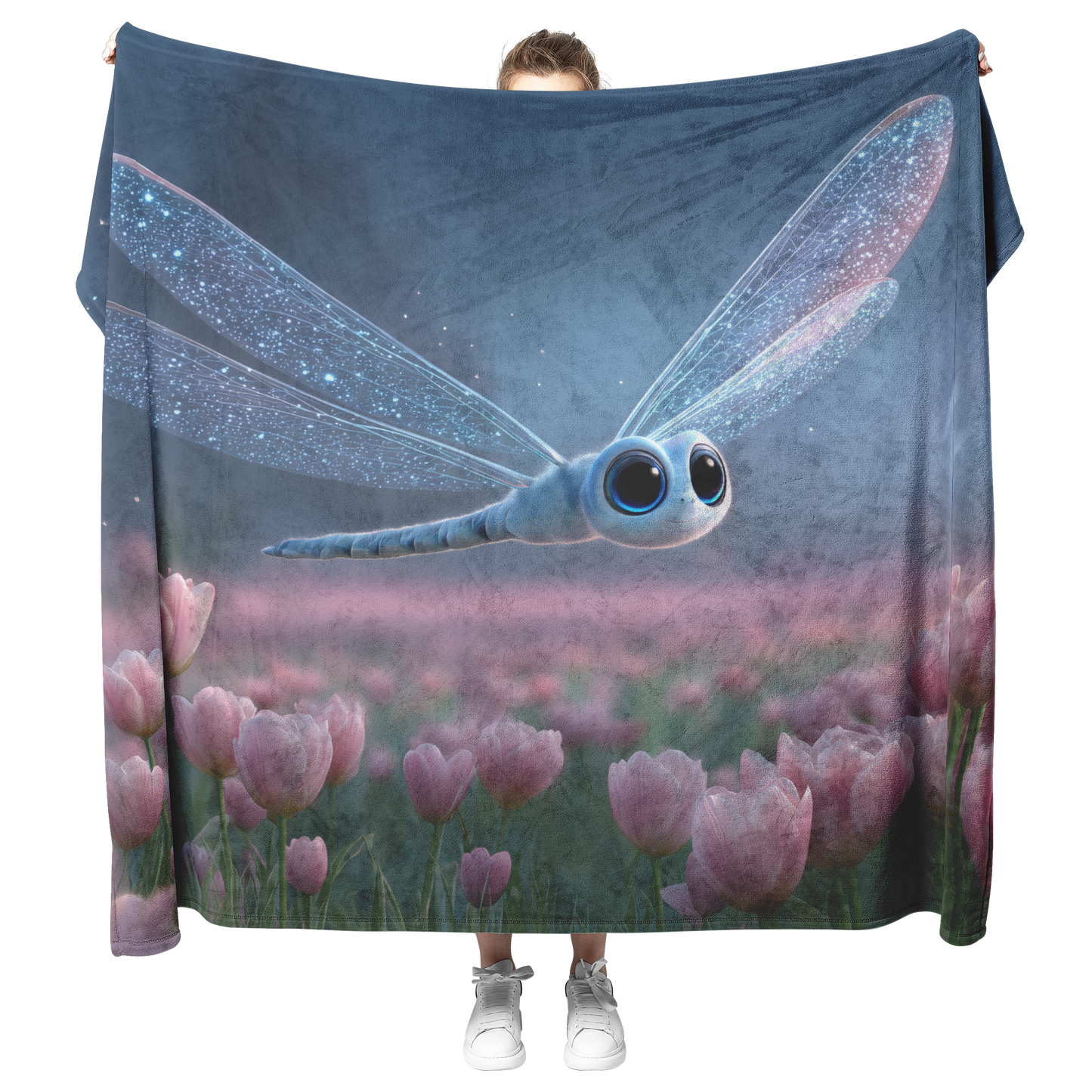 Kawaii_Dragonfly_With_Sparkly_Wings_And__H_Blanket_Model_Mockup.png