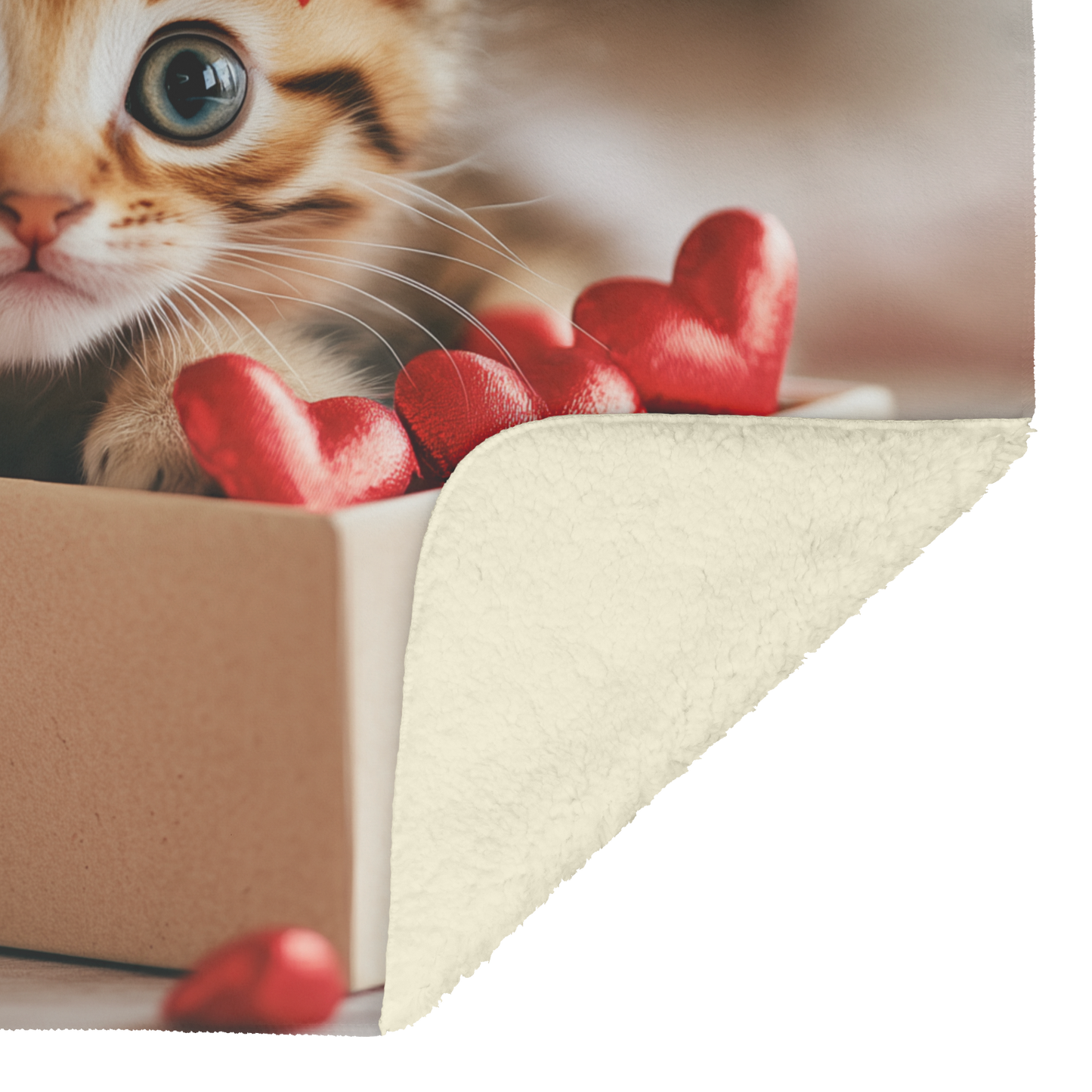 Kitten Inside Valentine Gift Box Bow on Head Surrounded by Heart Confetti Blue Eyes Photorealistic High Resolution Sherpa Fleece Blanket