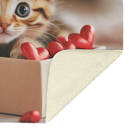 Kitten Inside Valentine Gift Box Bow on Head Surrounded by Heart Confetti Blue Eyes Photorealistic High Resolution Sherpa Fleece Blanket